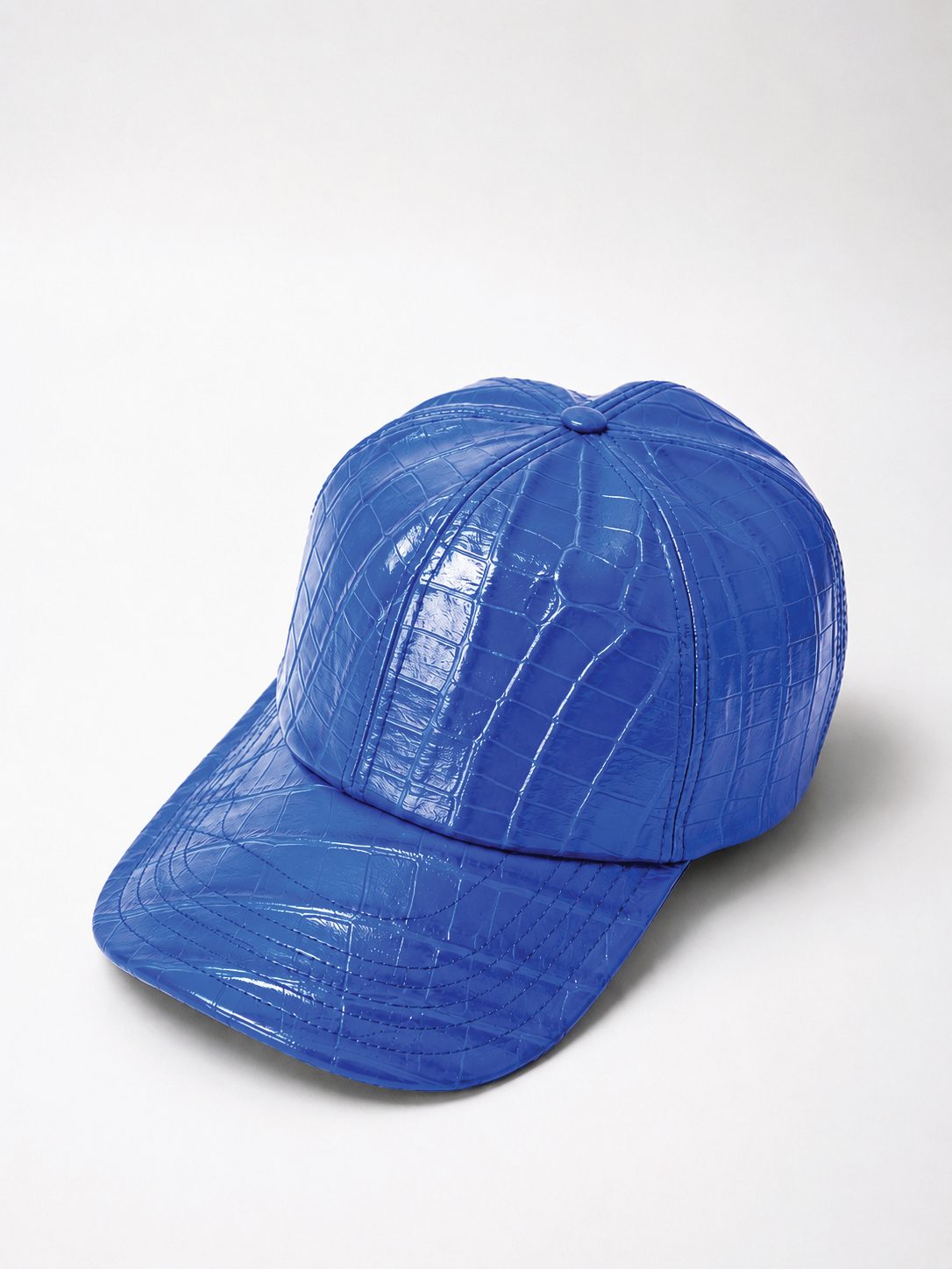 KC Crocodile baseball hat in ice blue, genuine crocodile leather, angled view