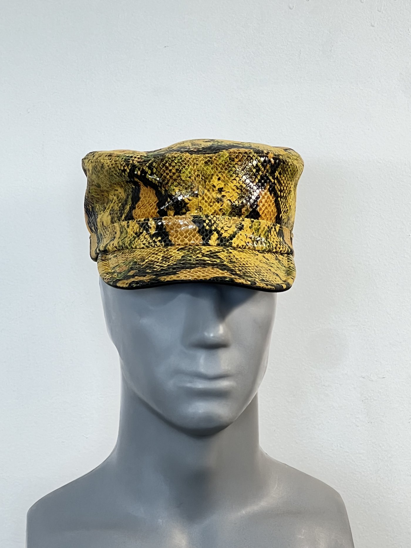 KC Militia hat in yellow Burmese python, front view