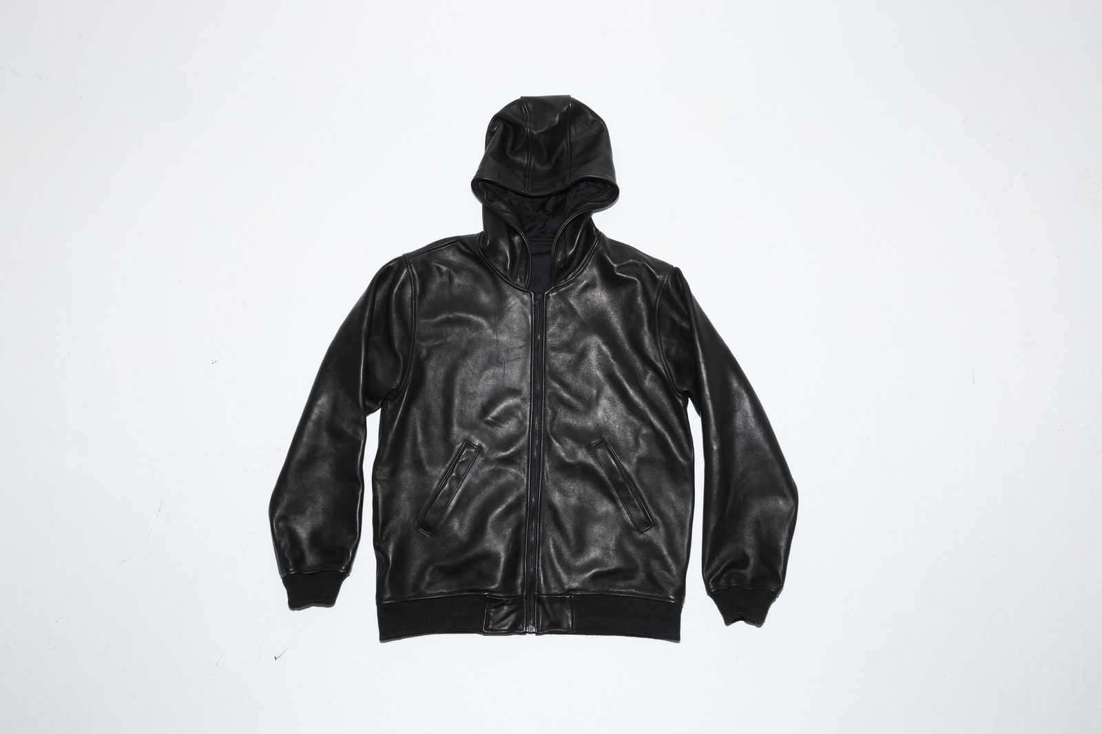 Kenn calfskin leather hoody, genuine top grain leather, front view