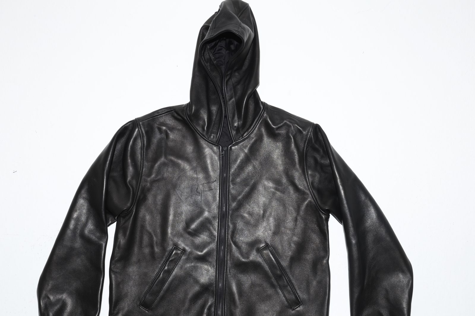 Detail of hood construction and stitching on Kenn calfskin leather hoody
