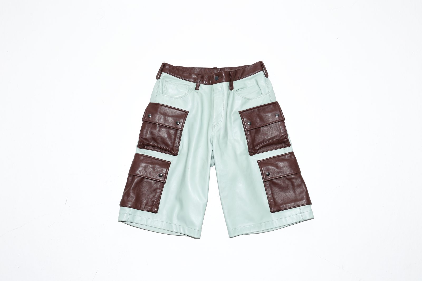 Mint chocolate chip leather cargo shorts in calf skin, front view